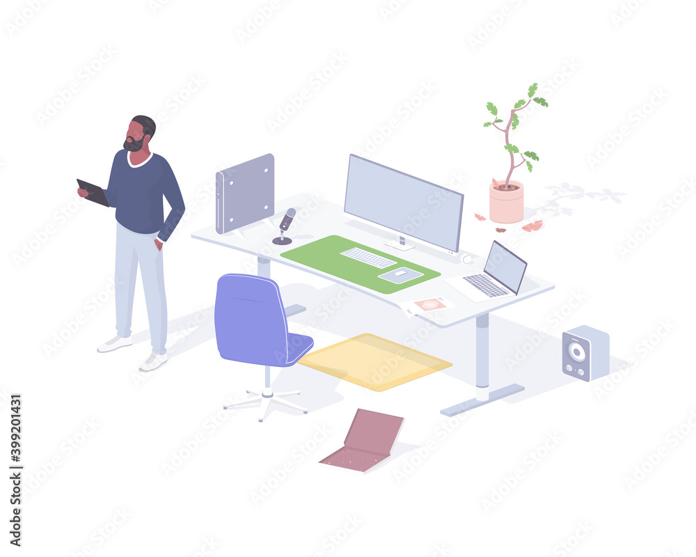 Man prepares to stream realistic isometric. Male character with tablet checks webcast script. Man prepares to stream realistic isometric. Male character with tablet checks webcast script.