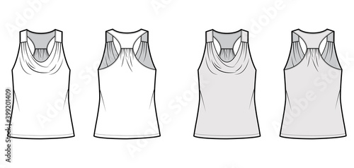 Tank racerback cowl top technical fashion illustration with ruching, oversized, tunic length. Flat apparel outwear shirt template front, back, white grey color. Women, men unisex CAD mockup
