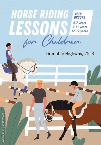 Promotional poster for horse riding school or lessons for children. Advertising banner for jockey courses. Vertical advertisement for equestrian club. Vector illustration in flat cartoon style