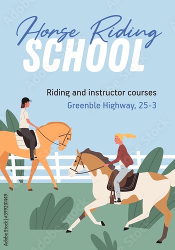 Advertising colorful poster for horse riding school. Promotional template for jockey courses. Vertical advertisement for equestrian club. Vector illustration in flat cartoon style