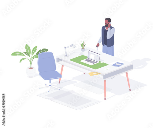 Office workspace realistic isometry. Male character with phone stands near desktop laptop and lamp.