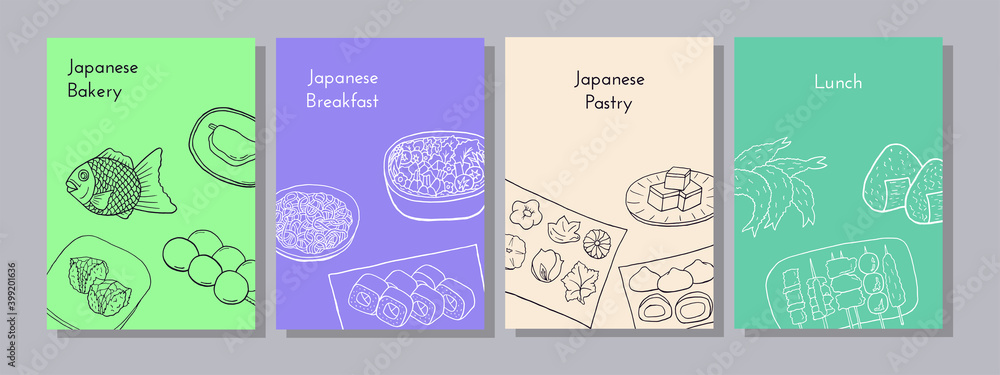 Hand drawn poster set with yakitori, tempura, sushi, onigiri, nabe, soba, taiyaki, yokan, mocha, namagashi, dango. Design sketch element for menu cafe, bistro, restaurant.  Vector illustration.