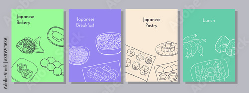 Hand drawn poster set with yakitori, tempura, sushi, onigiri, nabe, soba, taiyaki, yokan, mocha, namagashi, dango. Design sketch element for menu cafe, bistro, restaurant.  Vector illustration.