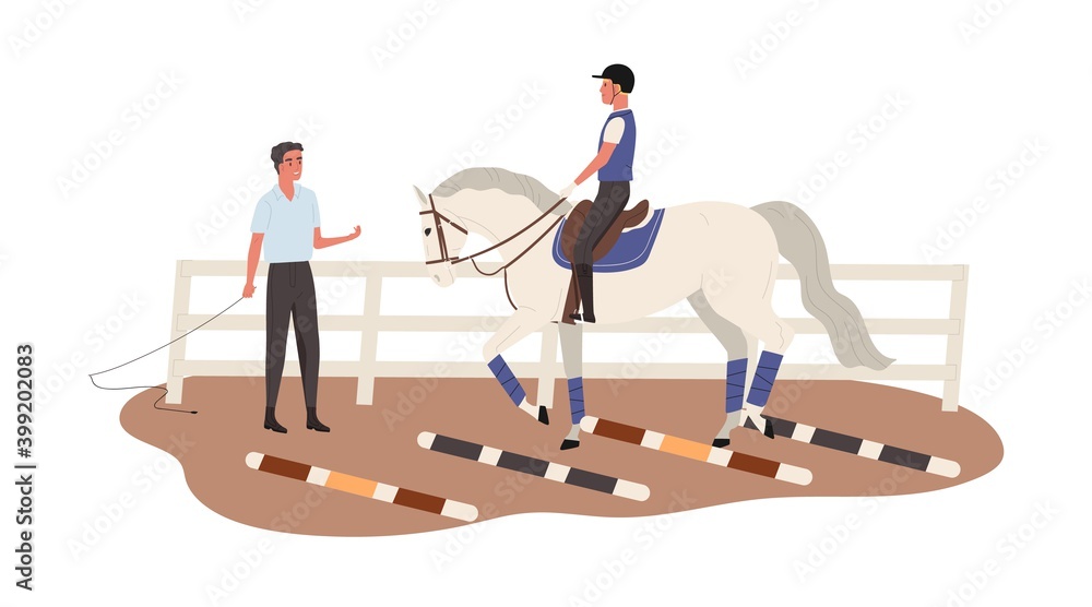 Young horseman training at equestrian school. Jockey riding horse ...
