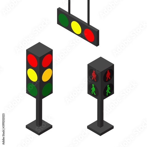 Isometric vector illustration set of traffic lights. 