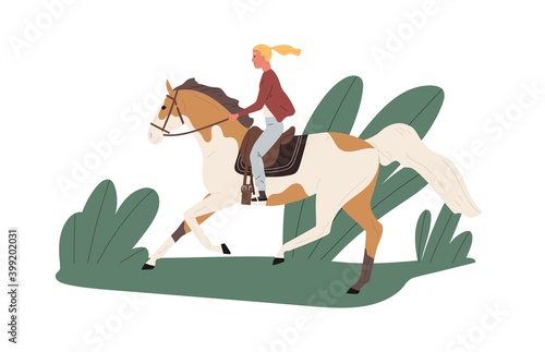 Equestrienne riding horse outdoors. Jockey ride stallion outside. Scene of horseback in nature and active recreation with animal. Flat vector cartoon illustration isolated on white