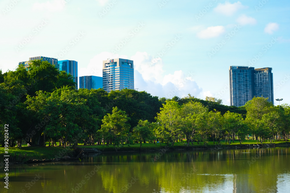 Beautiful pond in public park tree against blue sky cloud