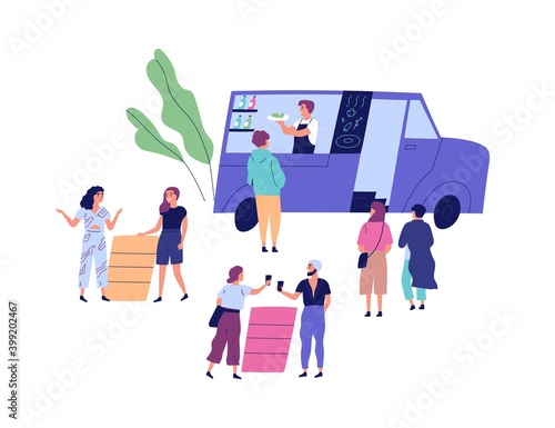 Young people spend time at open air festival near food truck. Scene of takeaway meal at outdoor event. Happy men and women drink and talk outside. Flat cartoon vector illustration isolated on white