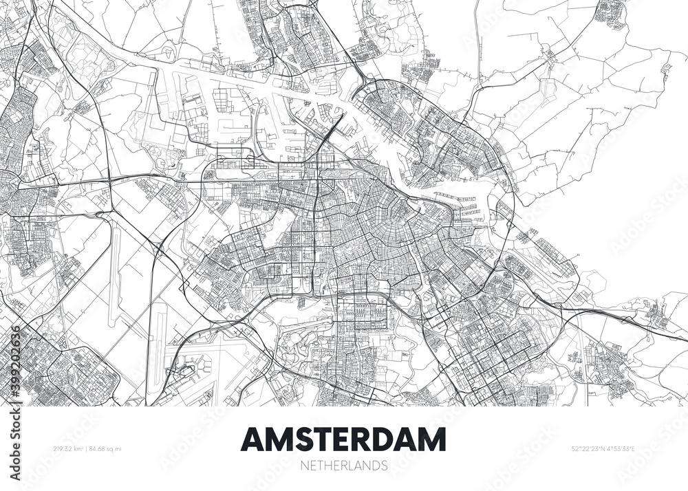 City map Amsterdam Netherlands, travel poster detailed urban street plan, vector illustration