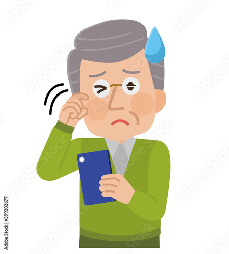 スマホによる眼精疲労　かすみ目　高齢男性　イラスト
