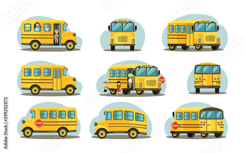 School bus in various forms. Passenger yellow car with joyful children vehicle for transporting elementary schoolchildren cozy movement in modern safe car and travel excursions. Cartoon auto vector.