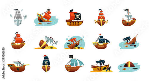 Pirate game ships set. Sunken play spanish sailboat with gold exploded wreckage dreadnought corsair schooners ragged sails with cannons new frigates flag of skull and crossed sabers. Vector cartoon.