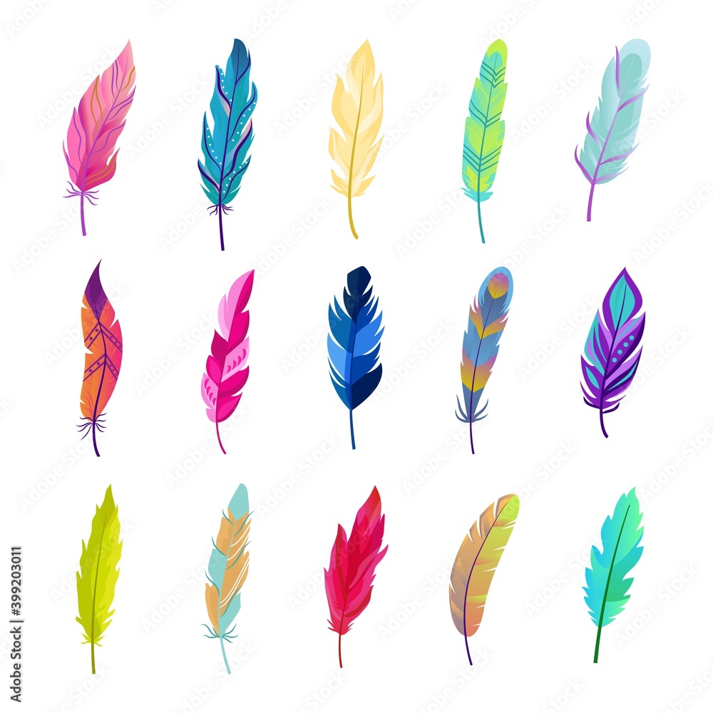 Colored bird feathers set. Bright green fluff design with red tints and soft blue contrast beautiful natural purple peacock tracery with yellow parrot picture orange colorful texture. Exotic vector. Colored bird feathers set. Bright green fluff design with red tints and soft blue contrast beautiful natural purple peacock tracery with yellow parrot picture orange colorful texture. Exotic vector.