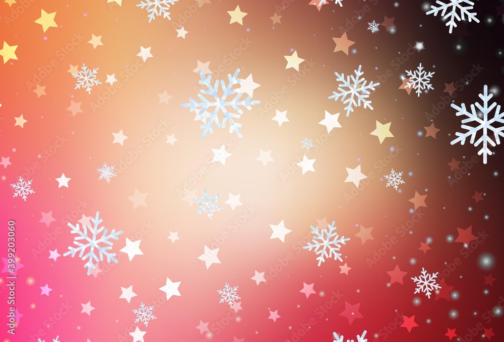 Light Red, Yellow vector background with xmas snowflakes, stars.