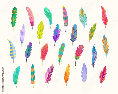 Exotic bird feathers set. Rich waterfall of colored fluff bright green design with red tints soft blue contrast beautiful natural purple peacock tracery with yellow parrot picture. Cartoon vector.