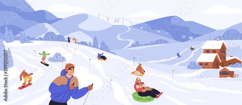 People snowboarding and riding tubing at ski resort. Skiers and snowboarders rolling from snowy mountain slope. Outdoor winter sports activities. Colored flat vector illustration