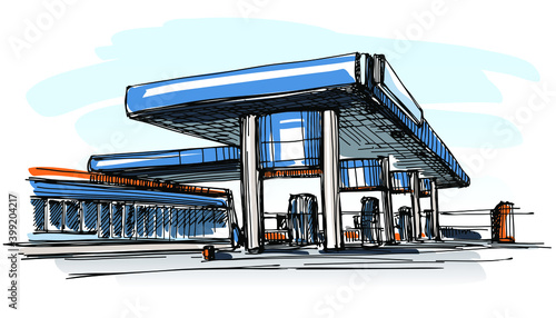 Car refueling gas station sketch
