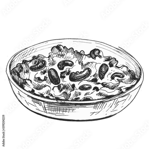 Chili con carne in bowl - mexican traditional food. Vector vintage hatching