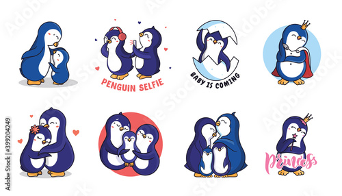 The set of Family penguins. Collection of cartoonish animals