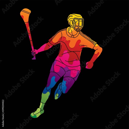 Irish Hurley sport. Hurling sport player action cartoon graphic vector.