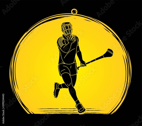 Irish Hurley sport. Hurling sport player action cartoon graphic vector.