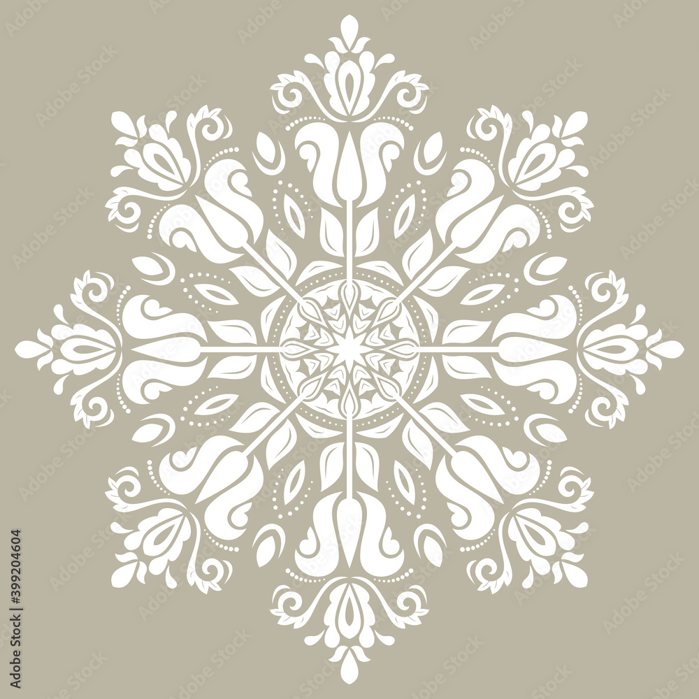 Oriental pattern with arabesques and floral elements. Traditional classic ornament. Vintage round white pattern with arabesques Oriental pattern with arabesques and floral elements. Traditional classic ornament. Vintage round white pattern with arabesques