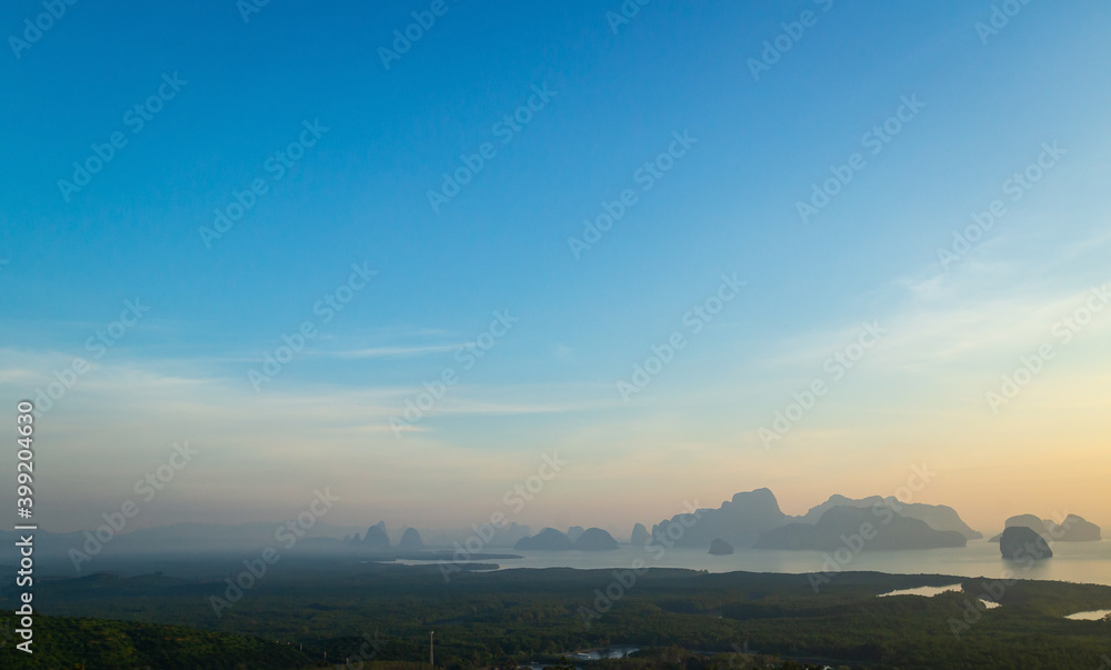 Samet Nangshe viewpoint mountain sunrise background. Phang-nga, Thailand, Asia
