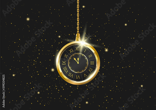 Realistic hanging vintage clock with stars on the black background. Gold 3D clock hanging with chain. Illustration of time. Time traveler, universe, fourth dimension.