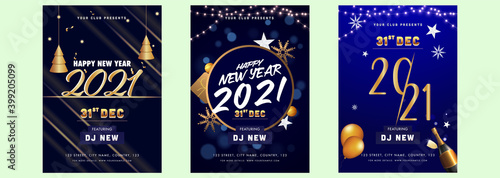 Happy New Year Party Flyer Or Template Design In Three Options.
