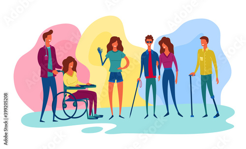Cartoon Color Characters People and Helping Disabled Concept. Vector