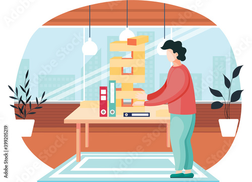 Man have fun and plays Jenga on the table and on the blue carpet. Male character in a red sweater playing board game on the table with folders and documents near the large window vector illustration