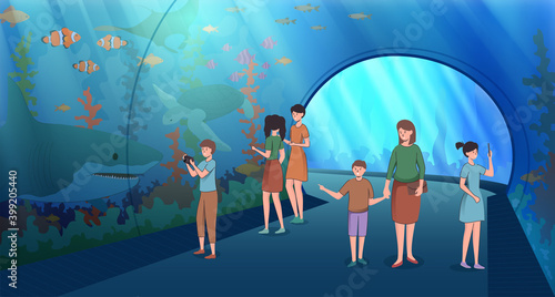 Cartoon Color Characters People with Children in Oceanarium Concept. Vector