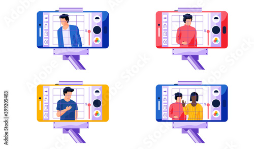 Men and african american girl standing side by side. Woman with phone in hands is recording a video massage. Men stand in different positions vector illustration. Set of pictures about video recording