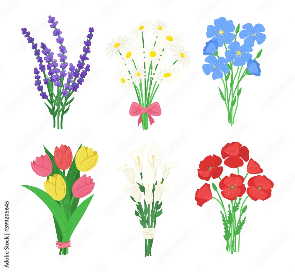 Cartoon Color Fresh Flowers Bouquets Set. Vector