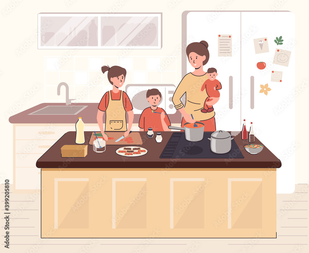 Cartoon Color Characters People Mother Cooking Together Children Concept. Vector Cartoon Color Characters People Mother Cooking Together Children Concept. Vector