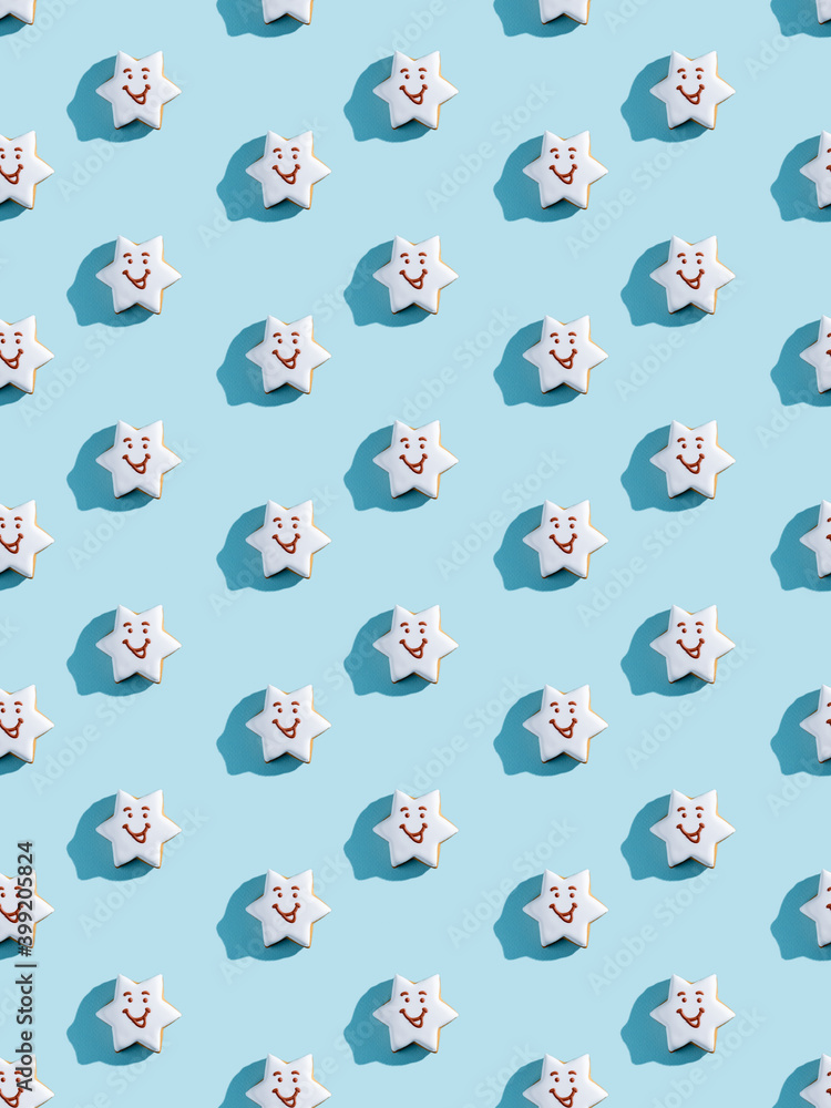 Funny gingerbread seamless pattern. Cute pastry. Festive bakery design. Cakes illustration. Smiling decorated white icing sun figure biscuits isolated on blue pastel. Funny gingerbread seamless pattern. Cute pastry. Festive bakery design. Cakes illustration. Smiling decorated white icing sun figure biscuits isolated on blue pastel.