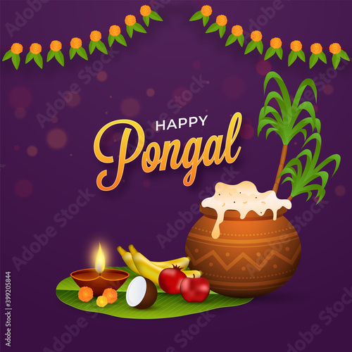 Happy Pongal Celebration Poster Design With Pongali Rice In Mud Pot, Fruits, Lit Oil Lamp (Diya), Banana Leaf, Sugarcane On Purple Background.