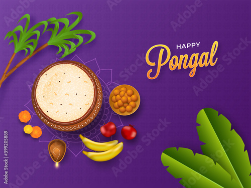 Happy Pongal Celebration Concept With Top View Of Pongali Rice In Mud Pot, Fruit, Sweet (Laddu), Banana Leaves, Sugarcane On Purple Background. photo