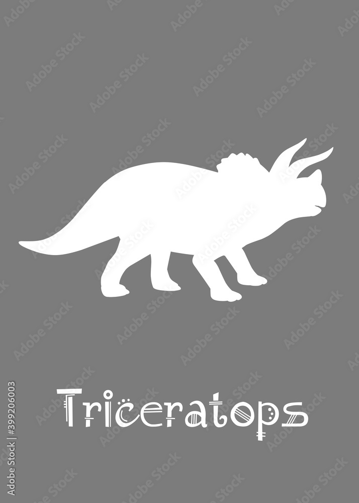 Obraz premium Triceratops Dinosaur design vector illustration. gray dinosaur, gray kids dinosaur name prints, boys bedroom wall art, dino room, children's posters.