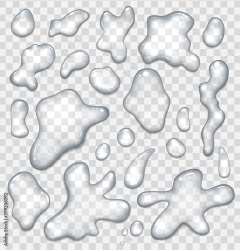 Realistic Detailed 3d Water Spill Puddles Drops Set. Vector