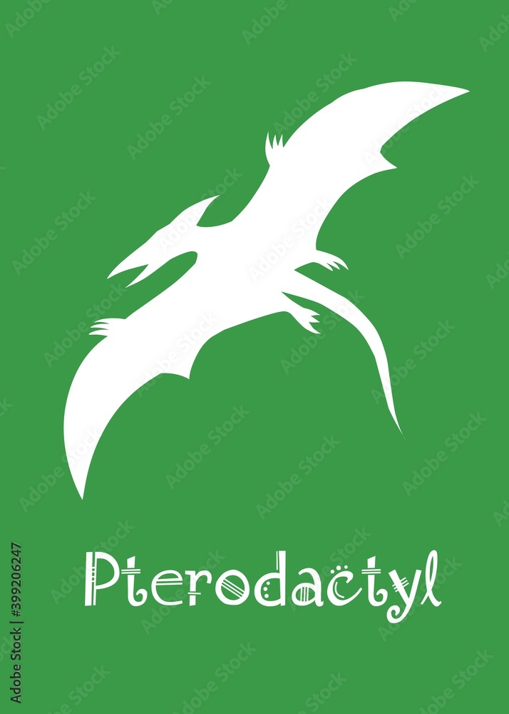 Fototapeta premium Pterodactyl Dinosaur design vector illustration. animal silhouette, dark green dinosaur, dark green kids dinosaur name prints, boys bedroom wall art, dino room, children's posters.