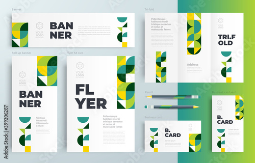 Agriculture theme minimal geometric Set flyer cover, tri-fold, banner, roll up banner, business card photo