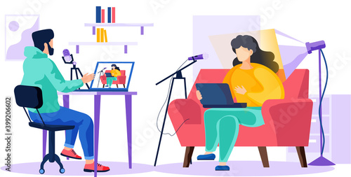Girl in a yellow sweater is sitting in a chair, shoots video and text from from laptop on a camera. A man with headphones is sitting at a table with a laptop and recording a video report of a girl