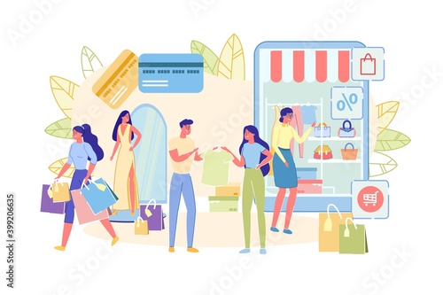 People Shop for Clothes Online, Flat Illustration.