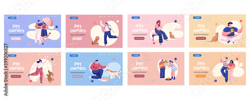 Pet owners landing page template. People playing with their domestic animals set of eight scenes, training a puppy, walking with little friend. Person is having leisure spend time with cat and dog