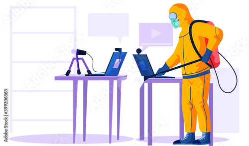 Man from epidemiological service doing disinfection at recording studio to kill viruses and bacteria flat vector illustration. Male character in protective suit sprays a room with disinfectant solute