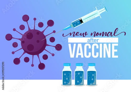 New normal after vaccine. Fighting coronavirus with syringe. Injection, prevention, immunization, cure and treatment for 2019-ncov infection. fighting the COVID-19 epidemic with hope 2021.