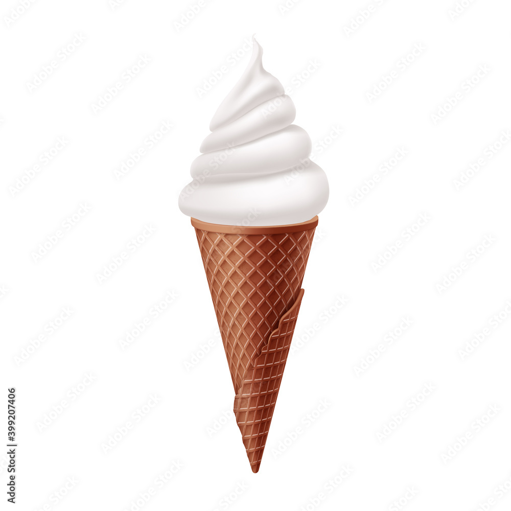 Delicious Vanilla Ice Cream in Brown Waffle Cone. Street Fast Food, Sweet Milky Dessert Creative illustration Isolated on White Background Delicious Vanilla Ice Cream in Brown Waffle Cone. Street Fast Food, Sweet Milky Dessert Creative illustration Isolated on White Background