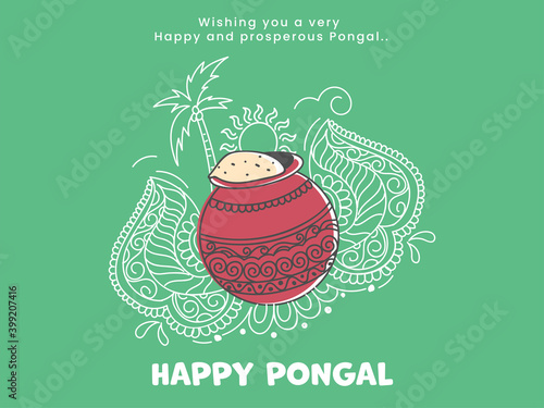 Vector Illustration Of Pongali Rice In Mud Pot With White Line Art Coconut Trees, Sun (Surya), Floral Pattern On Green Background For Pongal Celebration.