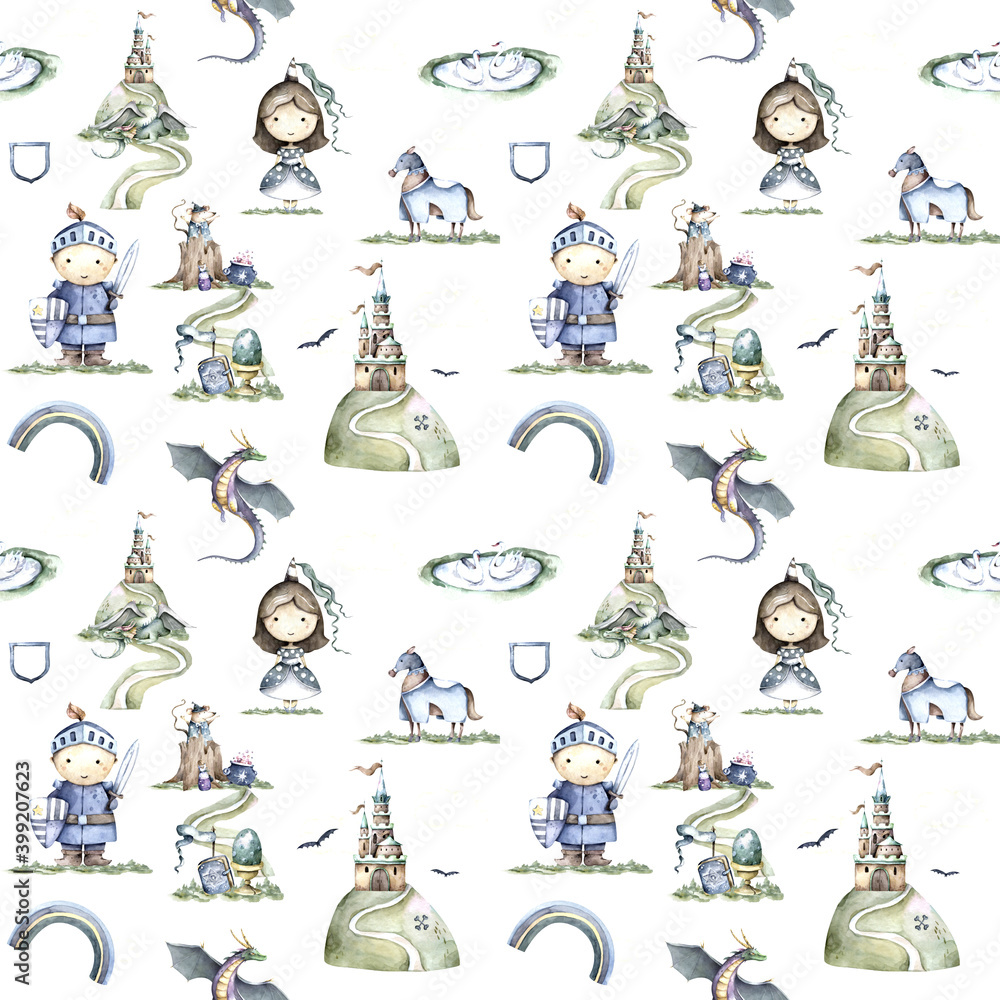Seamless pattern thhe knight brave cute princess on dragon. Hand drawn ...